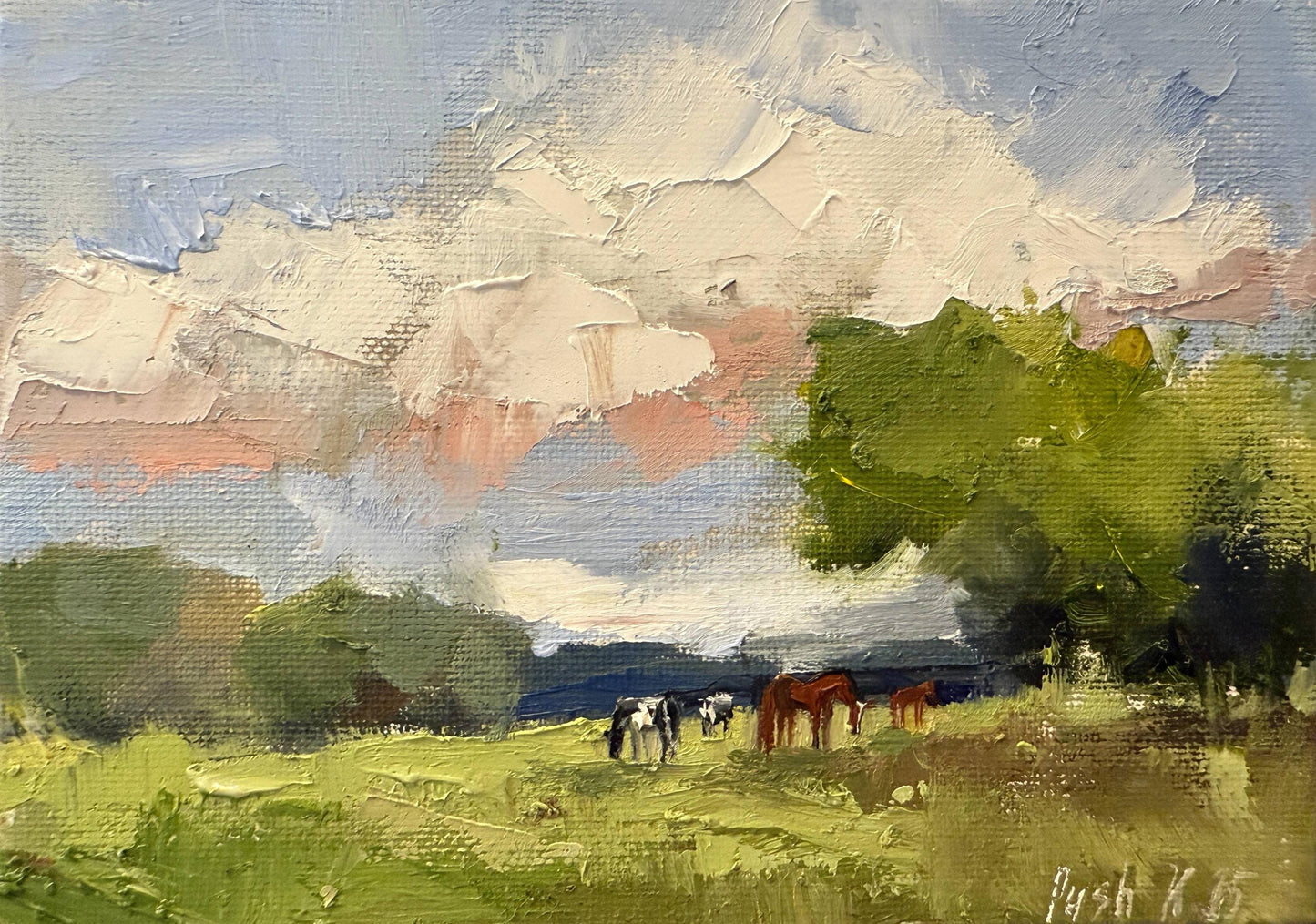 Horses Mini Oil Painting Cows Art Meadow Landscape Painting On Canvas Wildflower Field Art Farmhouse Abstract Fall Artwork Autumn Painting