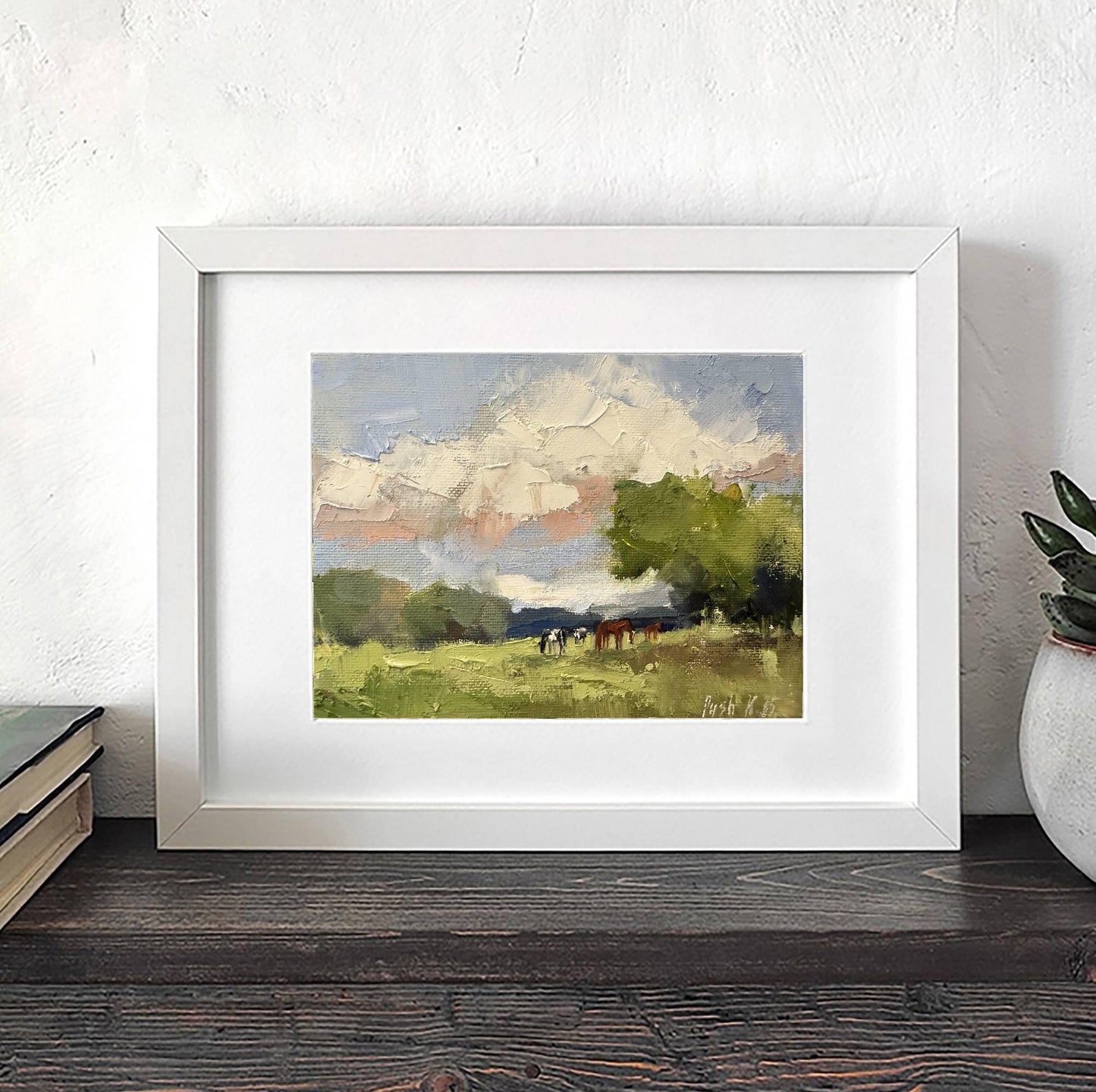 Horses Mini Oil Painting Cows Art Meadow Landscape Painting On Canvas Wildflower Field Art Farmhouse Abstract Fall Artwork Autumn Painting