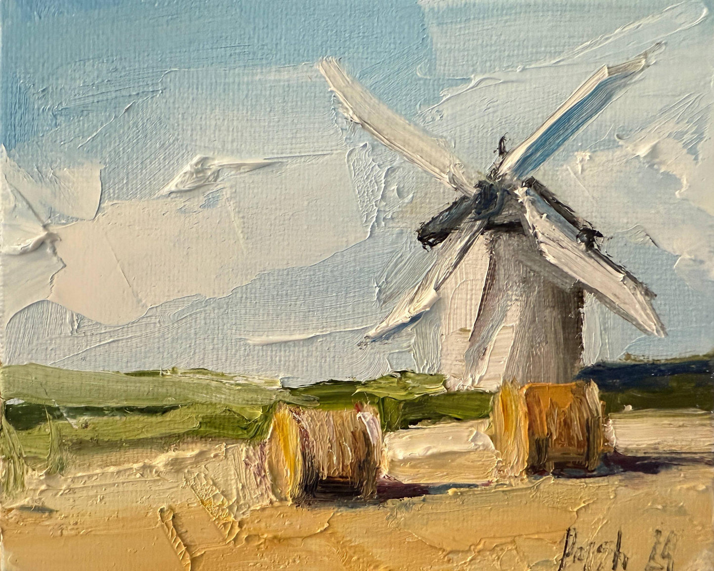 Windmill Oil Painting On Canvas Original Hay Bale Wall Art French Country Art Autumn Landscape Small Canvas Painting Fall Textured Painting