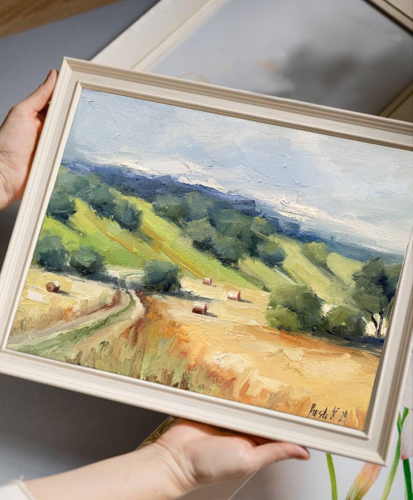 Farm Field Wall Art French Country Canvas Oil Painting Original Autumn Landscape Farmhouse Style Art Hay French Oil Painting Fall Painting