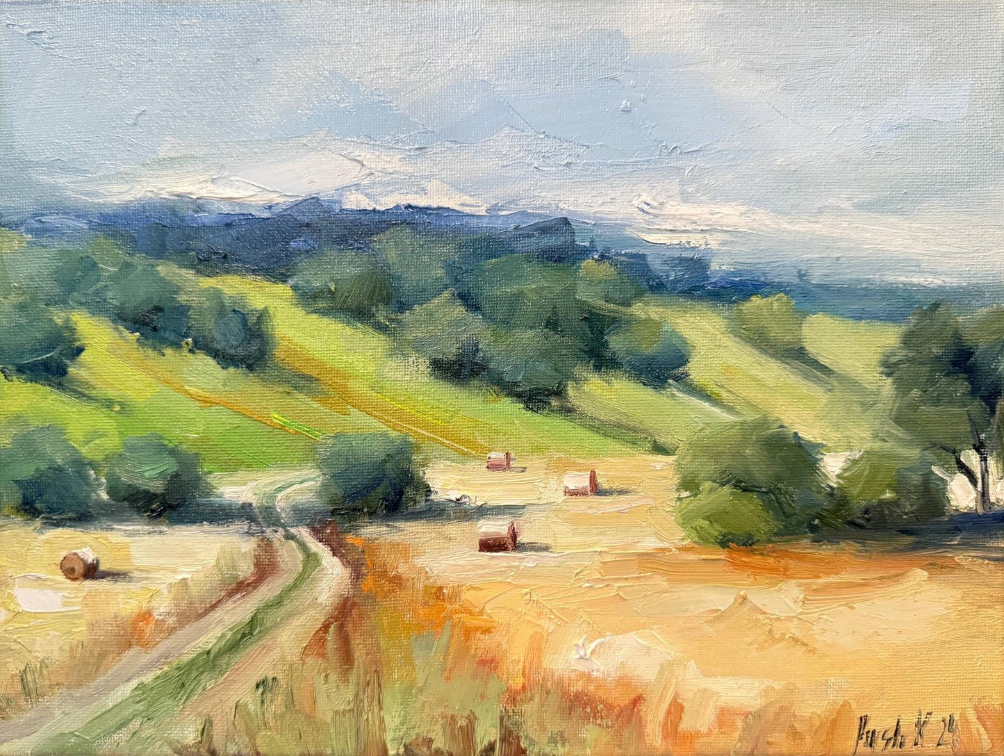 Farm Field Wall Art French Country Canvas Oil Painting Original Autumn Landscape Farmhouse Style Art Hay French Oil Painting Fall Painting