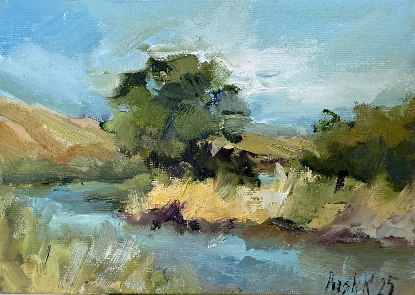 Lake wall art autumn oil painting on canvas original artwork miniature pond and mountain view rustic landscape calming wall art for home