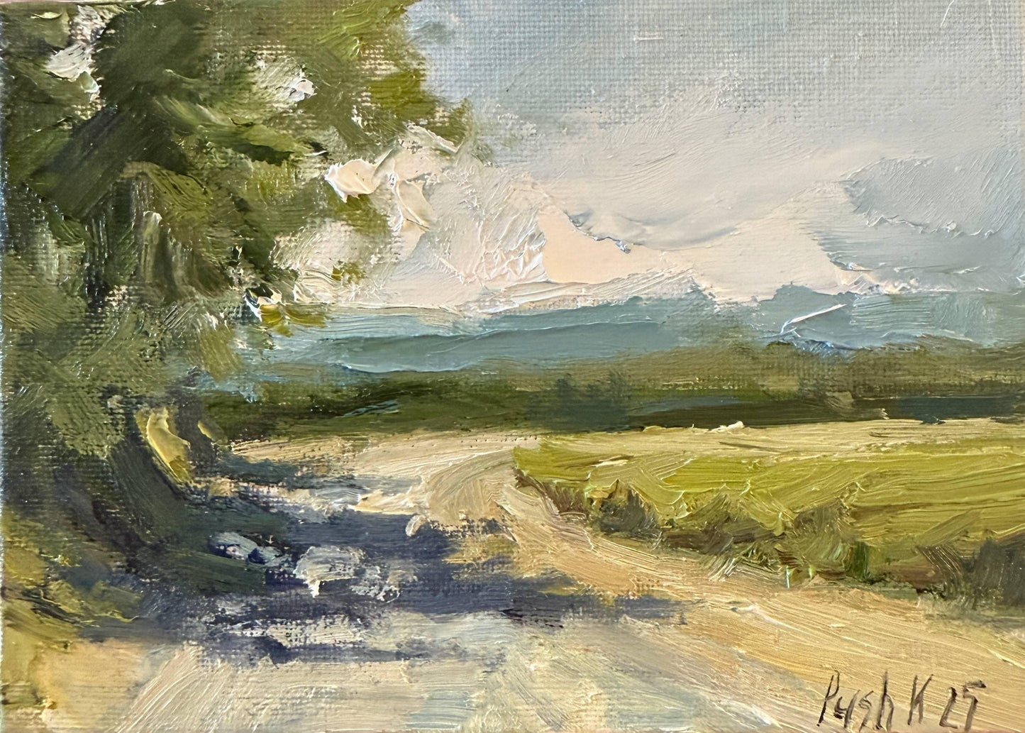 Green Field Miniature Oil Painting Country Road Impressionist Art Countryside Painting On Canvas Landscape Original Artwork Fall Painting