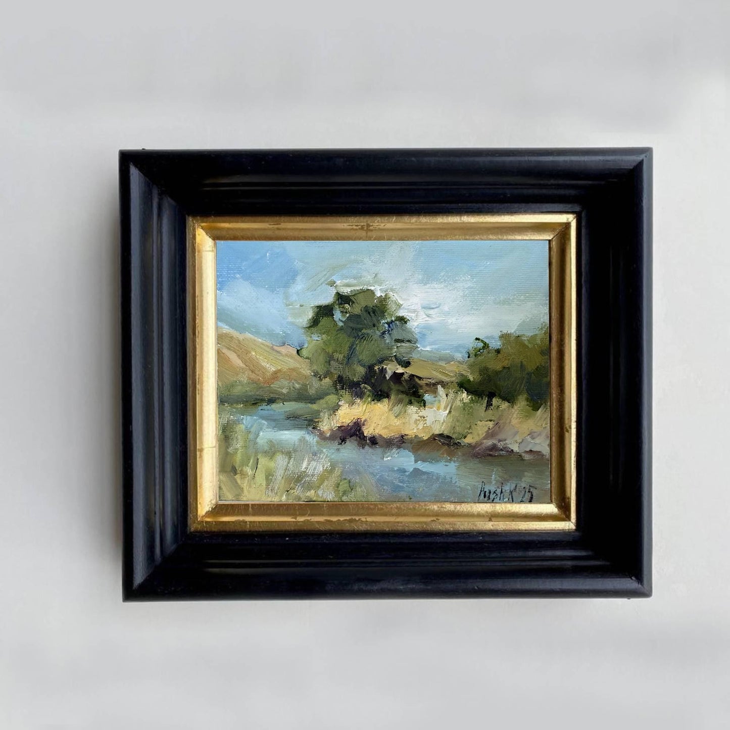 Lake wall art autumn oil painting on canvas original artwork miniature pond and mountain view rustic landscape calming wall art for home