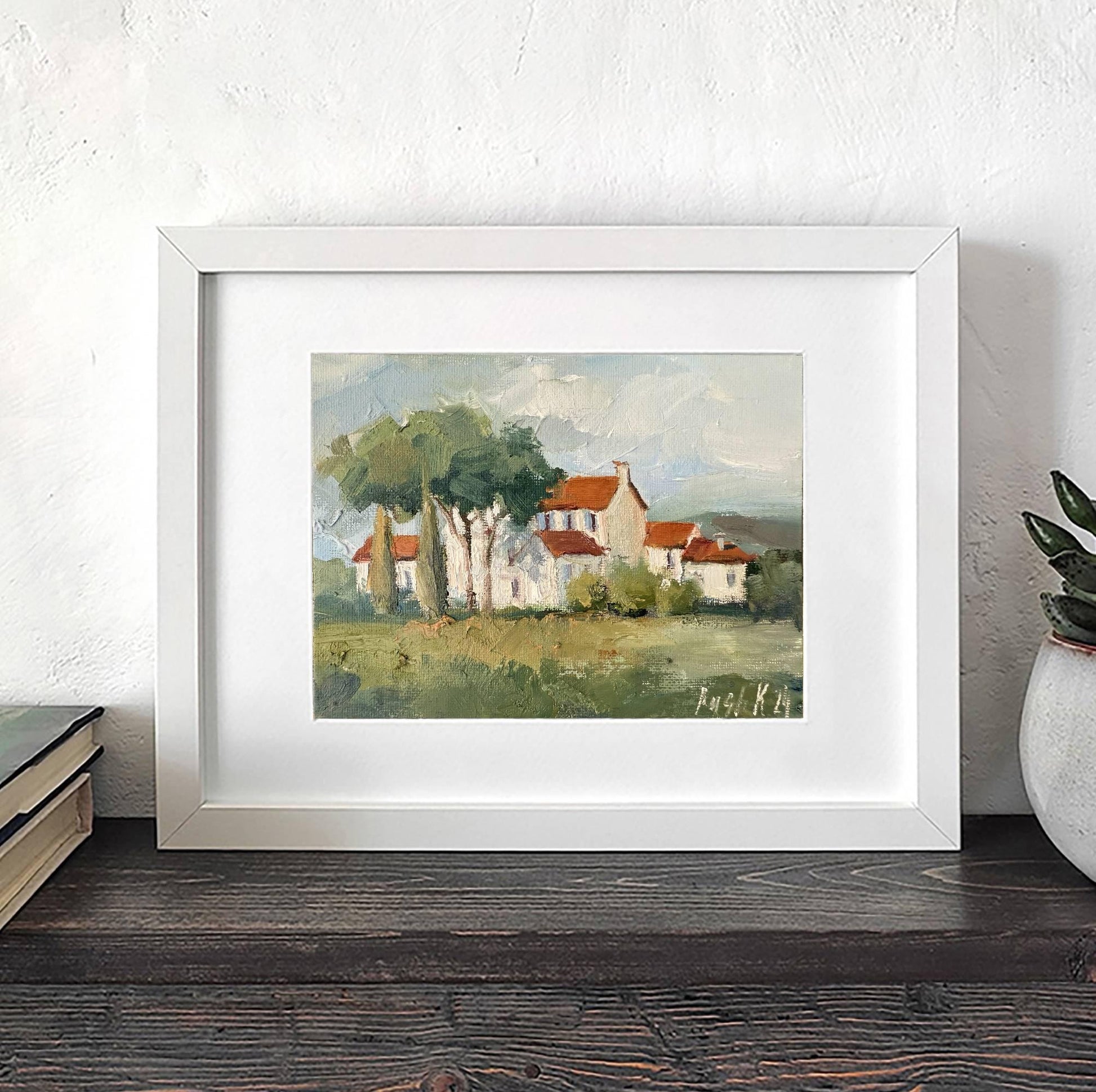 Florence oil painting on canvas Italian landscape with cypress trees framed original artwork small Tuscany house Italy wall art gift idea