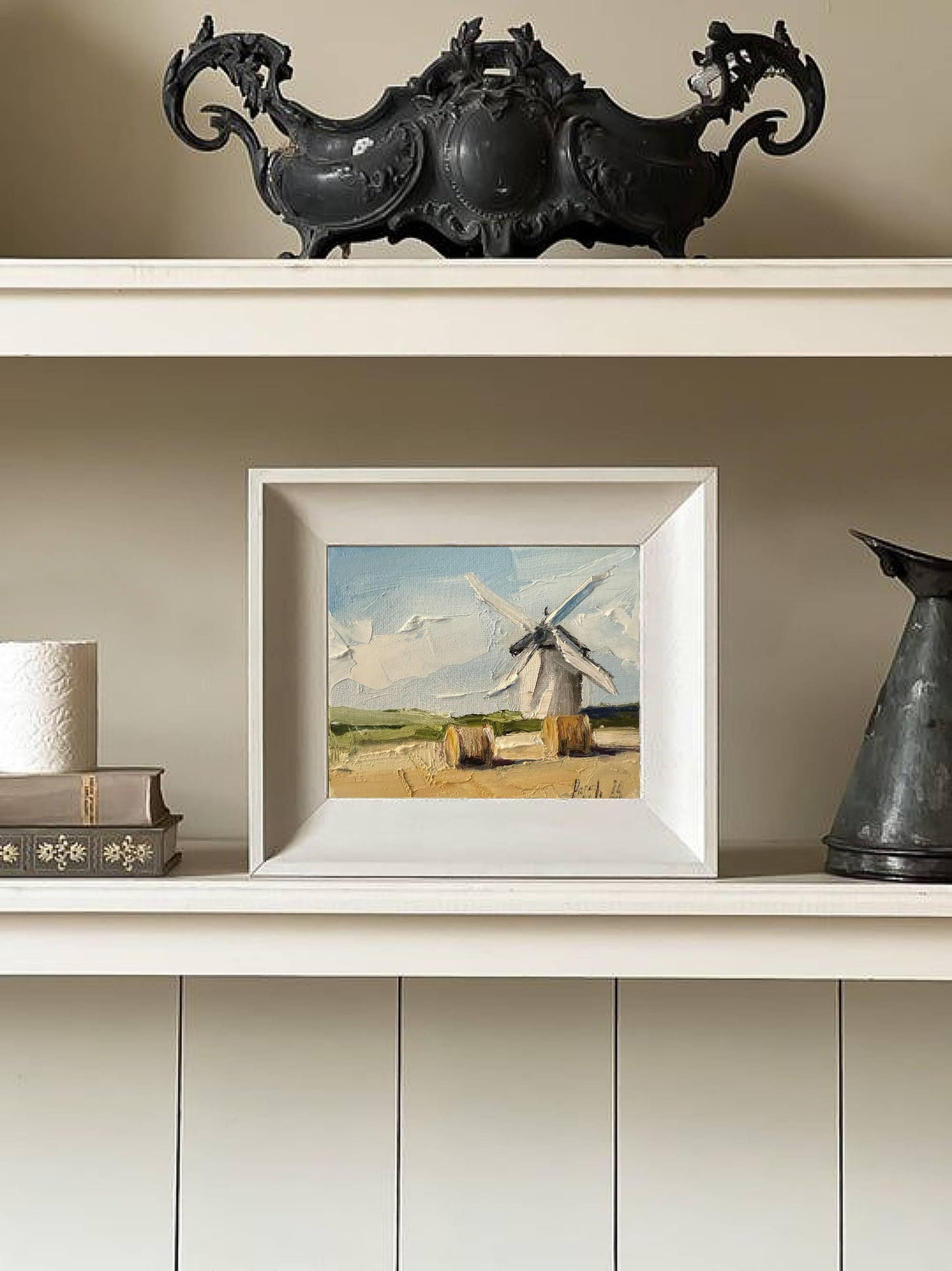Windmill Oil Painting On Canvas Original Hay Bale Wall Art French Country Art Autumn Landscape Small Canvas Painting Fall Textured Painting