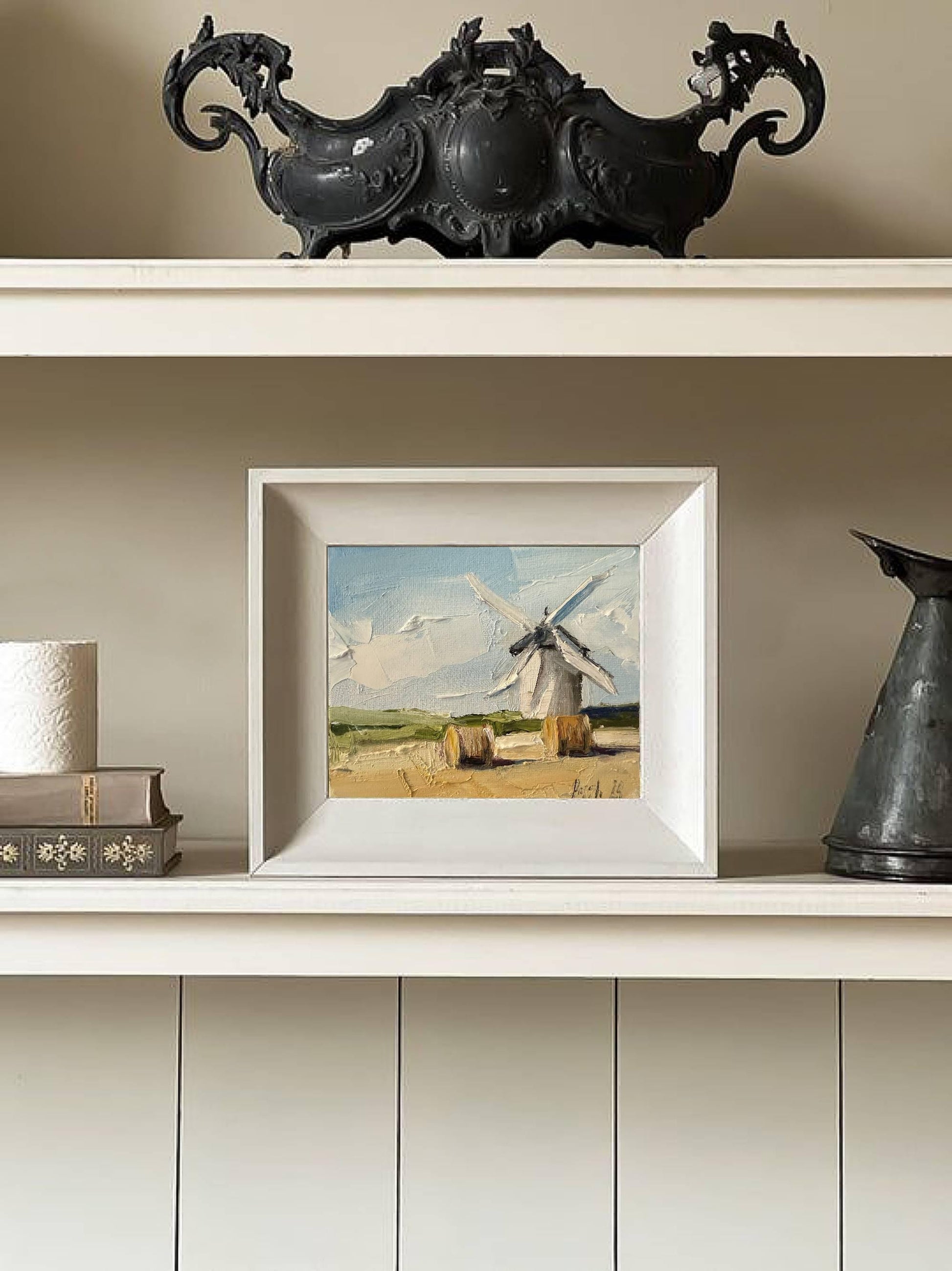 Windmill Oil Painting On Canvas Original Hay Bale Wall Art French Country Art Autumn Landscape Small Canvas Painting Fall Textured Painting