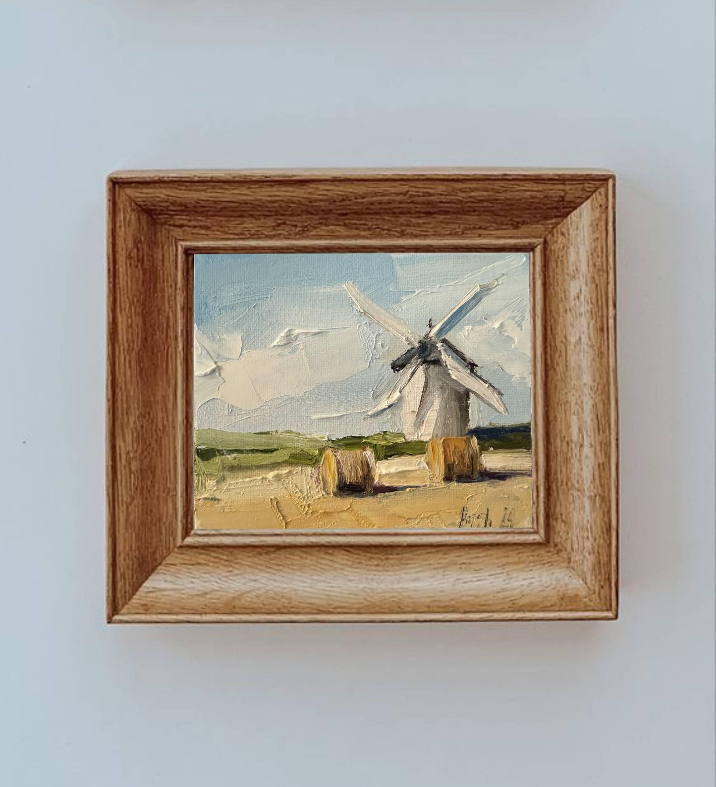 Windmill Oil Painting On Canvas Original Hay Bale Wall Art French Country Art Autumn Landscape Small Canvas Painting Fall Textured Painting