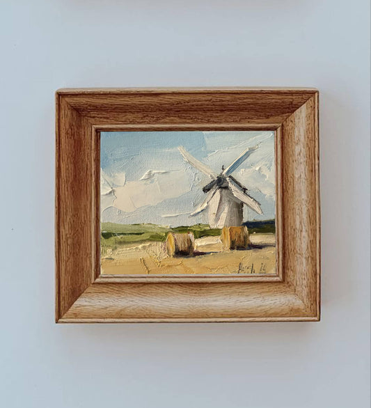 Windmill Oil Painting On Canvas Original Hay Bale Wall Art French Country Art Autumn Landscape Small Canvas Painting Fall Textured Painting