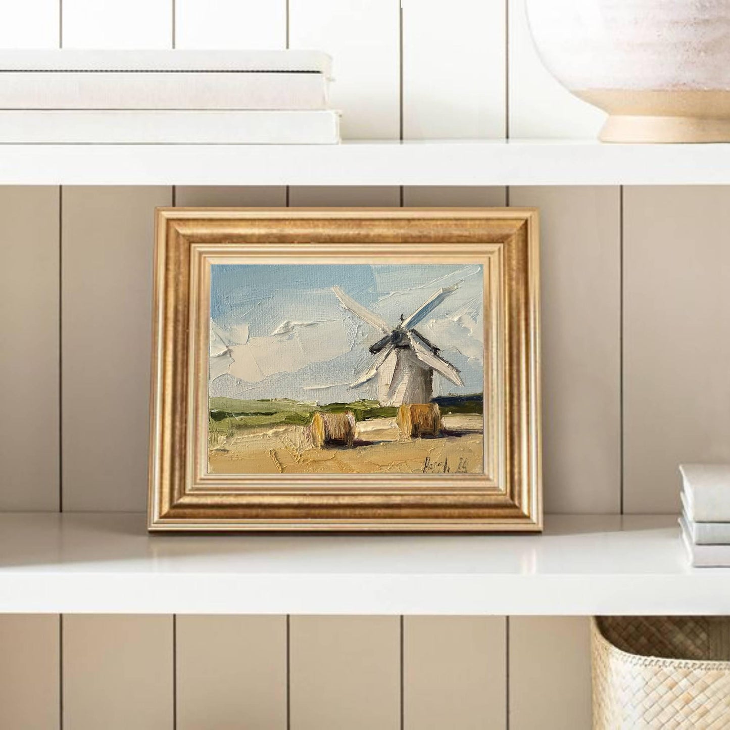 Windmill Oil Painting On Canvas Original Hay Bale Wall Art French Country Art Autumn Landscape Small Canvas Painting Fall Textured Painting