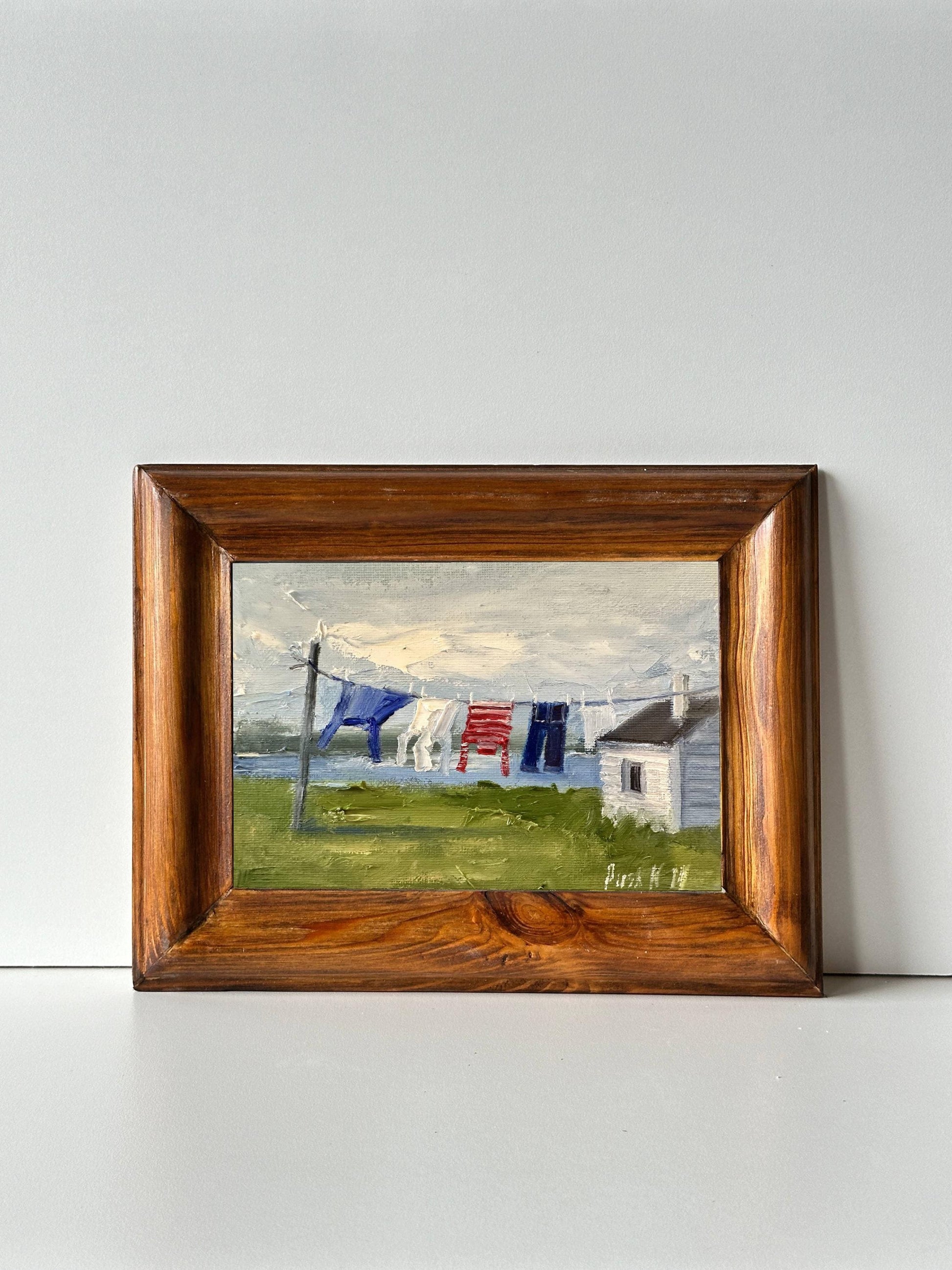 Clothesline Coastal Oil Painting Laundry Room Art Small Format Art Abstract Cute Canvas Painting Nordic Original Landscape Impasto Painting