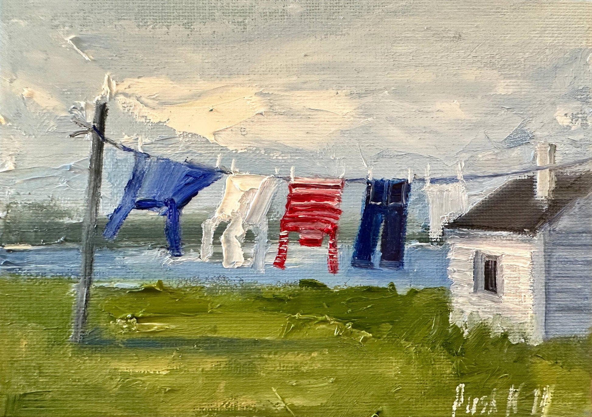 Clothesline Coastal Oil Painting Laundry Room Art Small Format Art Abstract Cute Canvas Painting Nordic Original Landscape Impasto Painting