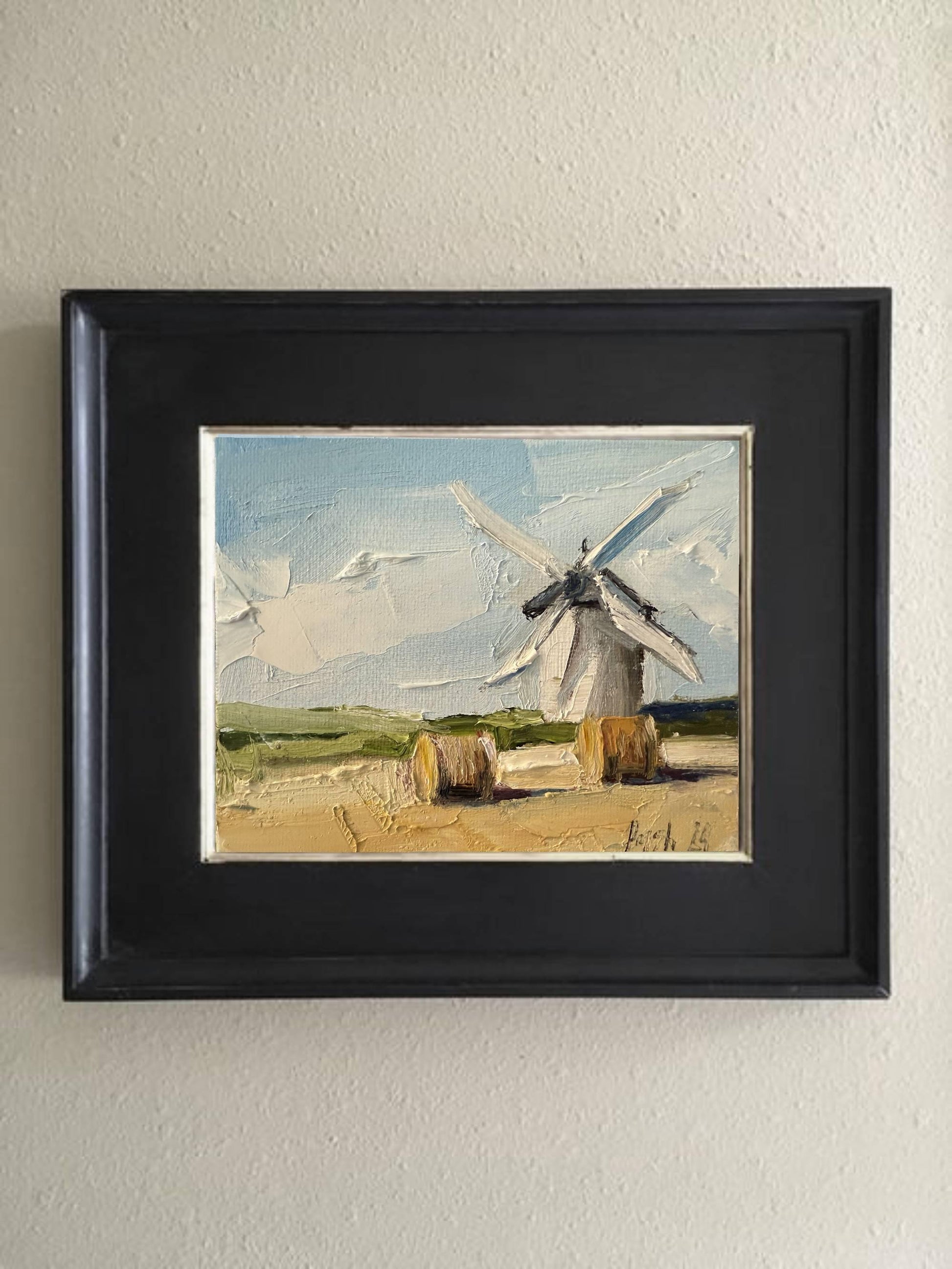 Windmill Oil Painting On Canvas Original Hay Bale Wall Art French Country Art Autumn Landscape Small Canvas Painting Fall Textured Painting