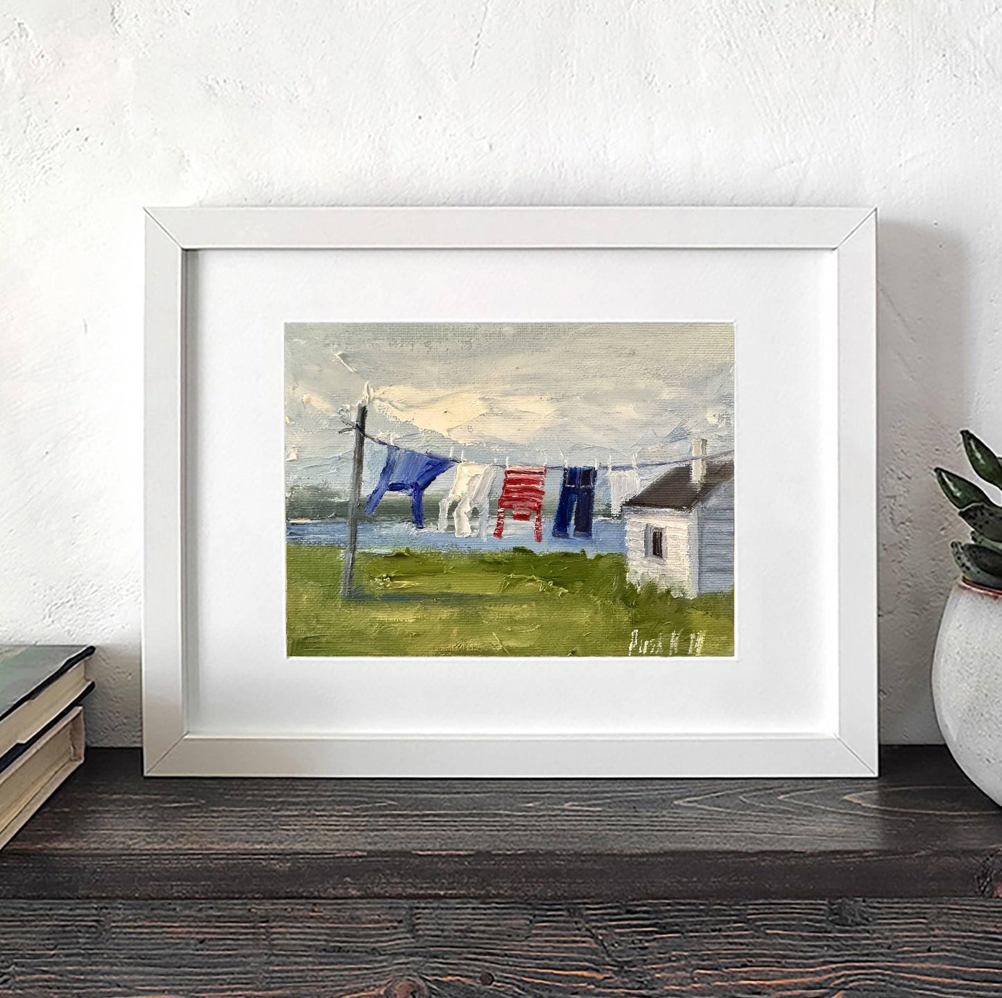 Clothesline Coastal Oil Painting Laundry Room Art Small Format Art Abstract Cute Canvas Painting Nordic Original Landscape Impasto Painting