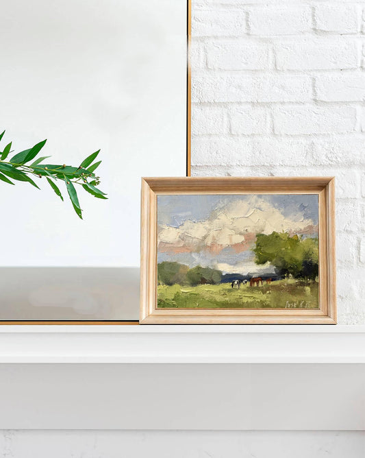 Horses Mini Oil Painting Cows Art Meadow Landscape Painting On Canvas Wildflower Field Art Farmhouse Abstract Fall Artwork Autumn Painting