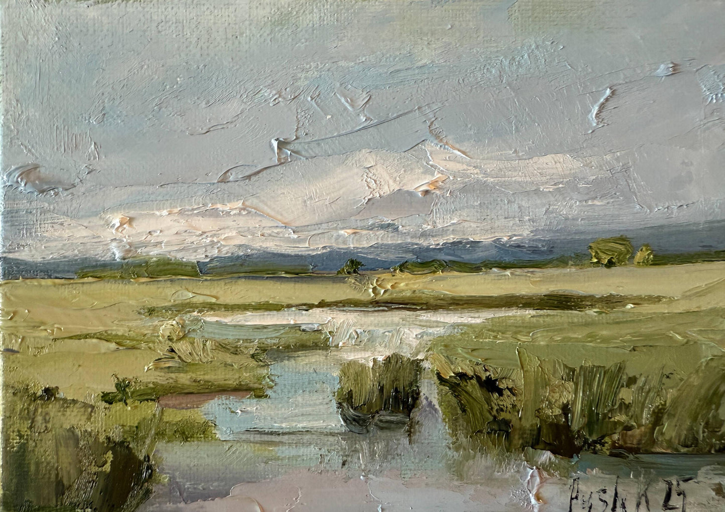 Southern marsh oil painting on canvas low country landscape framed wall art abstract original artwork cloud miniature Impressionist art work