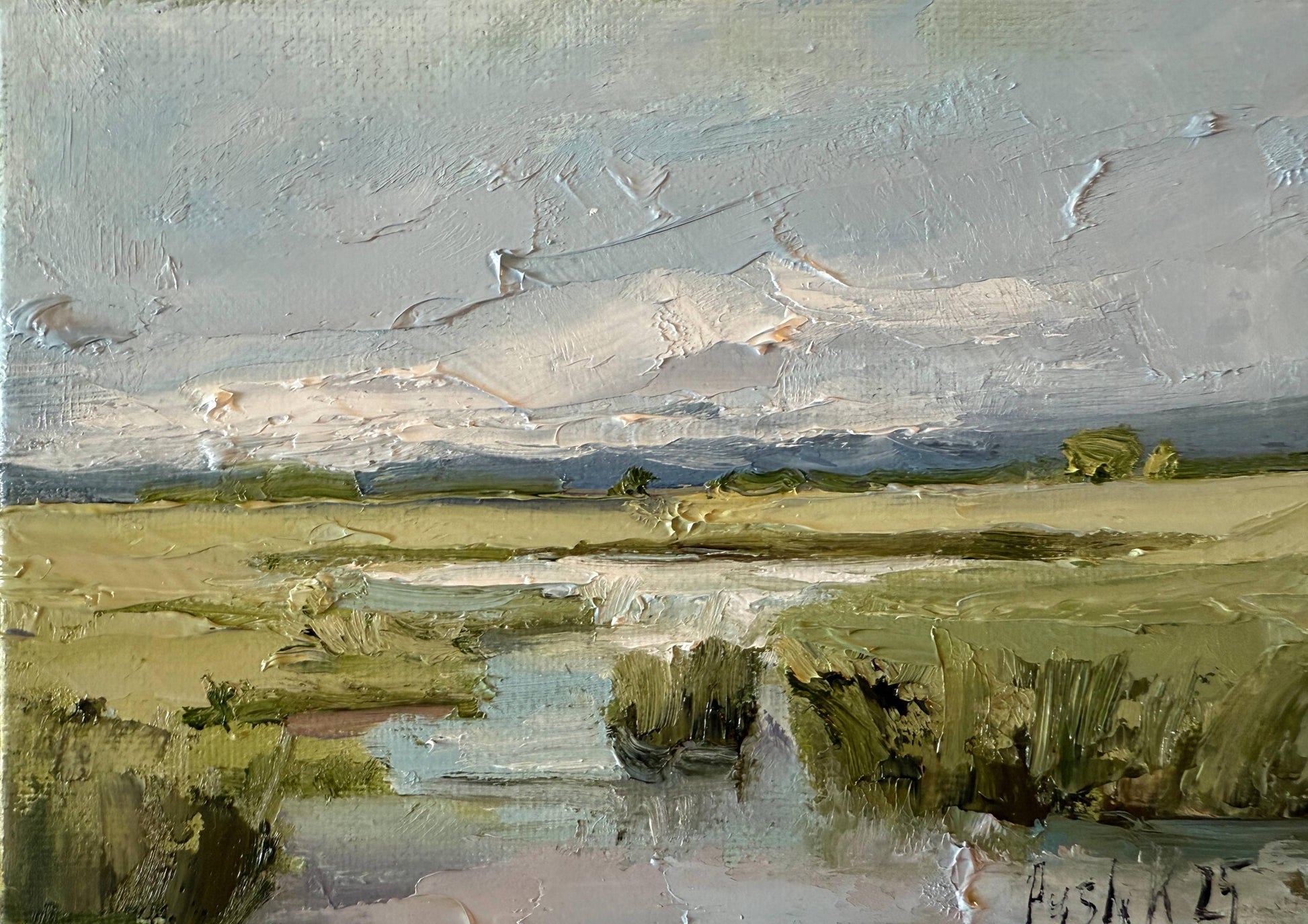 Southern marsh oil painting on canvas low country landscape framed wall art abstract original artwork cloud miniature Impressionist art work