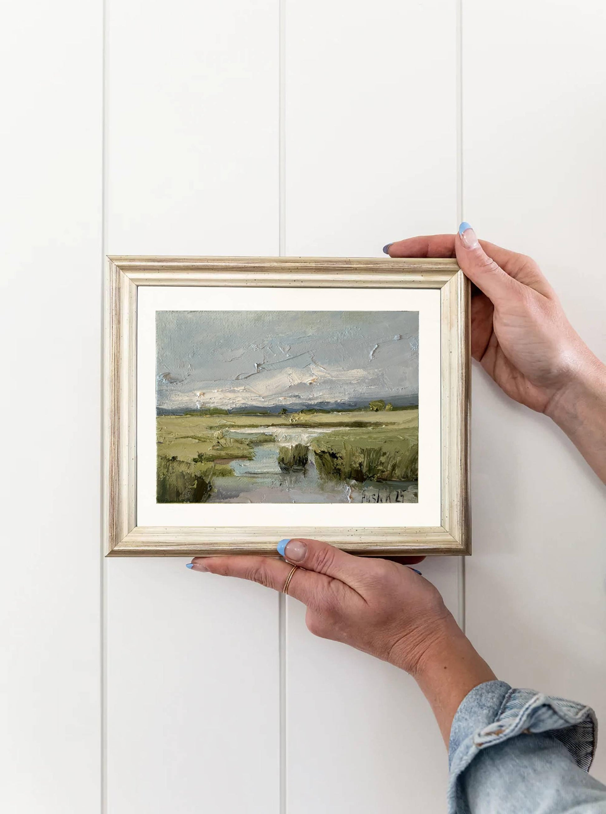 Southern marsh oil painting on canvas low country landscape framed wall art abstract original artwork cloud miniature Impressionist art work