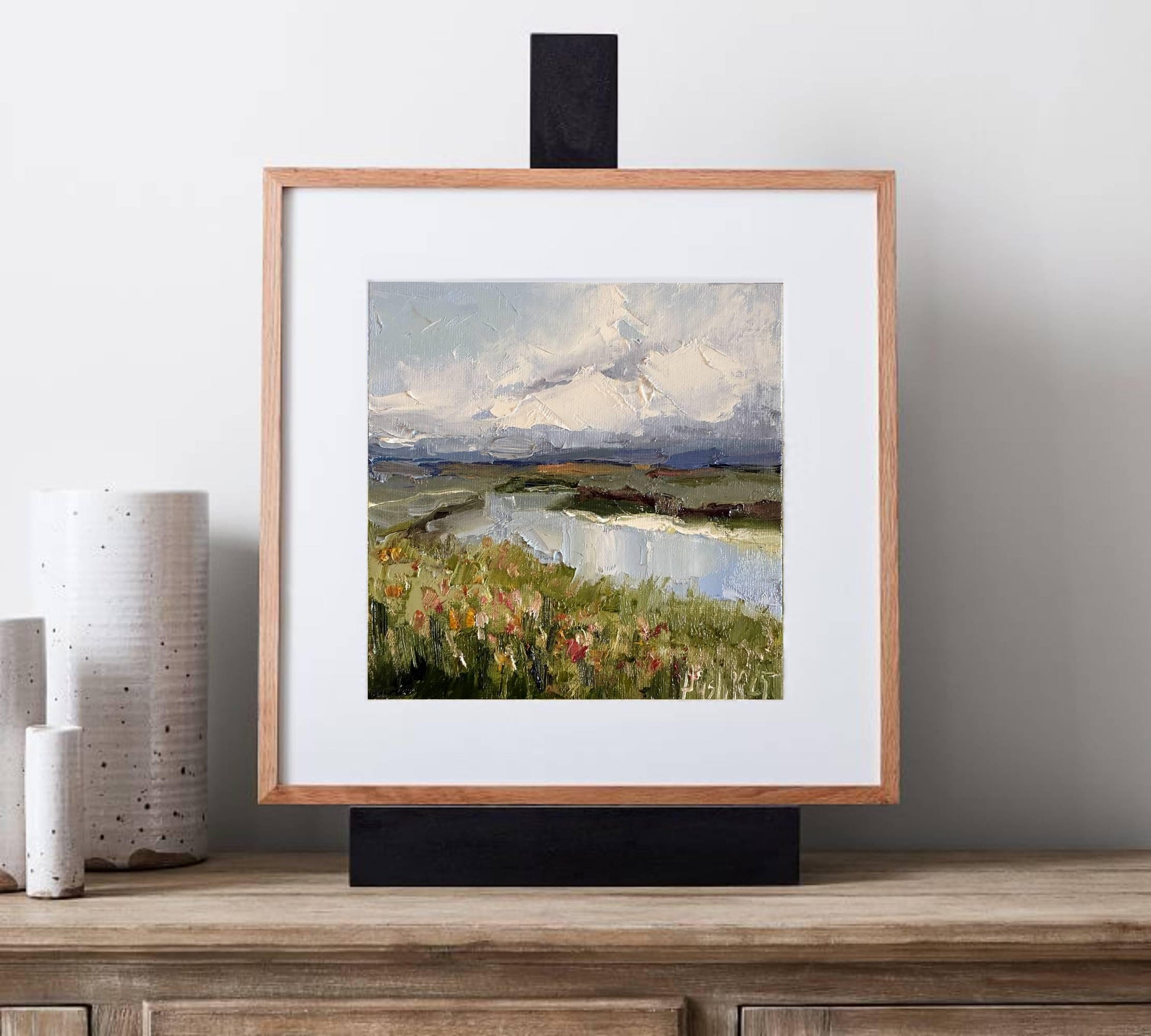 River impressionist mini oil painting on canvas wildflower wall art original moody landscape artwork thunderstorm clouds impasto home decor