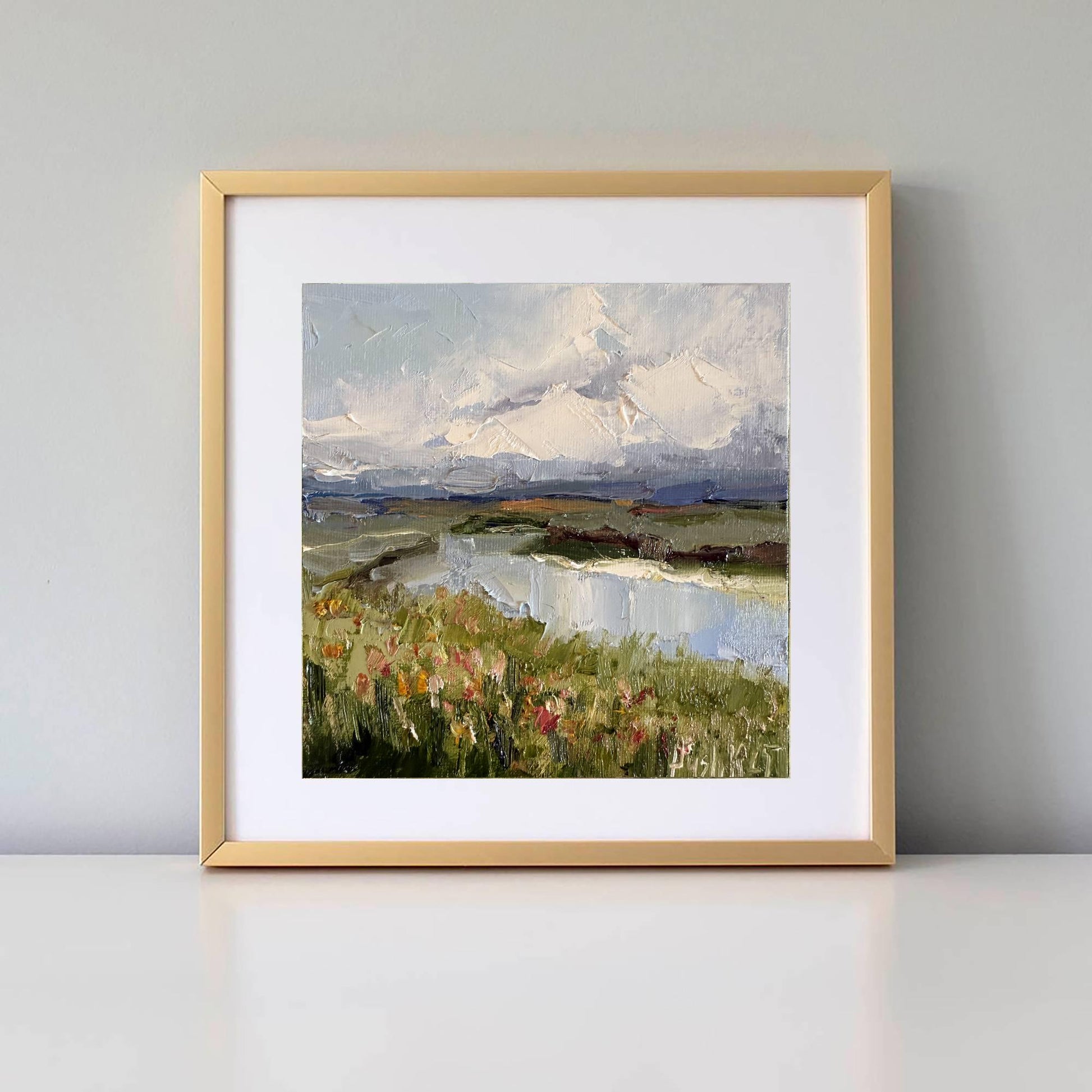 River impressionist mini oil painting on canvas wildflower wall art original moody landscape artwork thunderstorm clouds impasto home decor