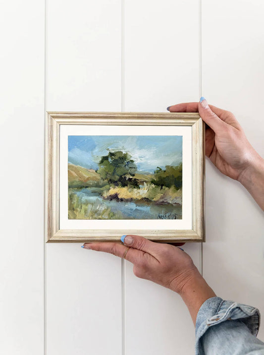 Lake wall art autumn oil painting on canvas original artwork miniature pond and mountain view rustic landscape calming wall art for home