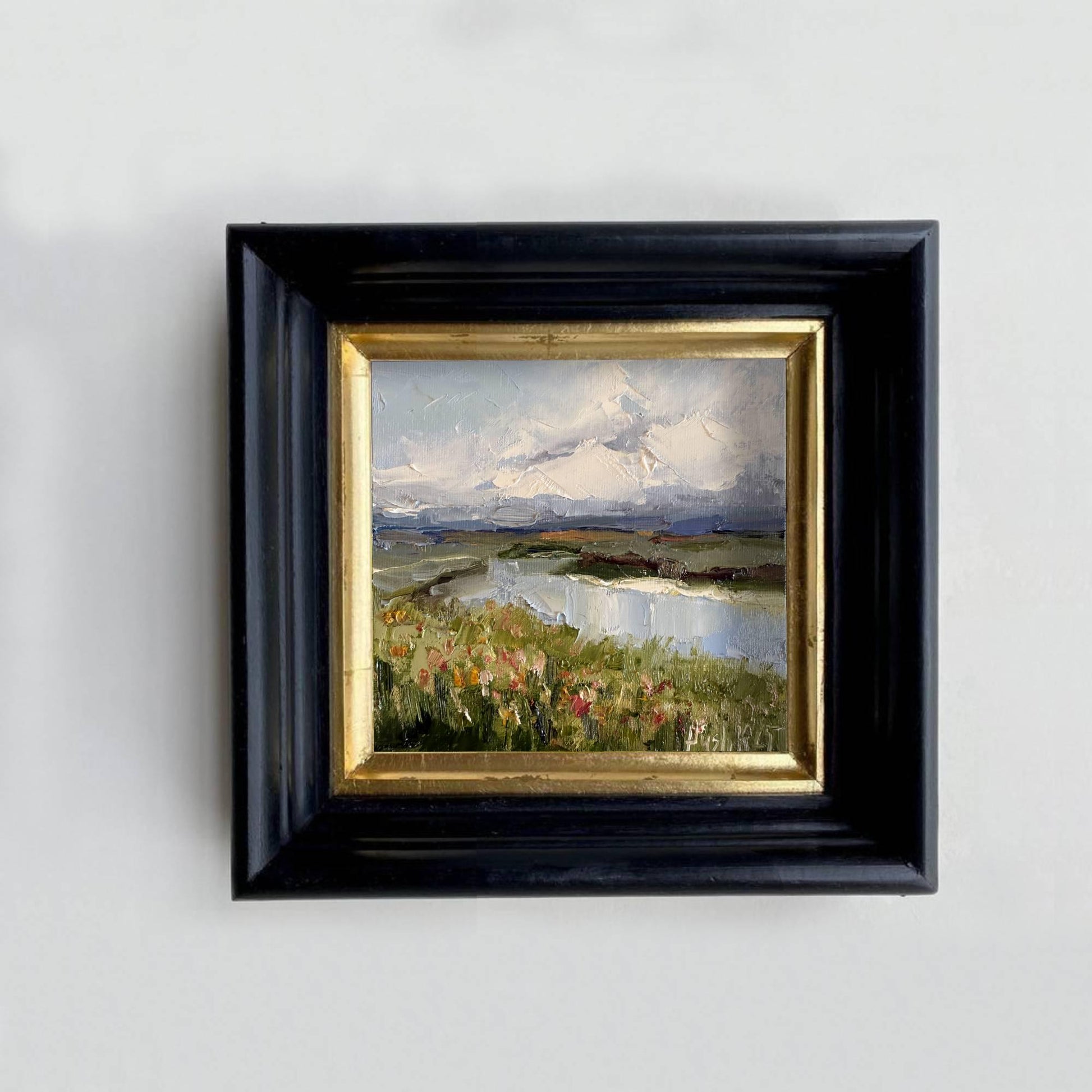 River impressionist mini oil painting on canvas wildflower wall art original moody landscape artwork thunderstorm clouds impasto home decor