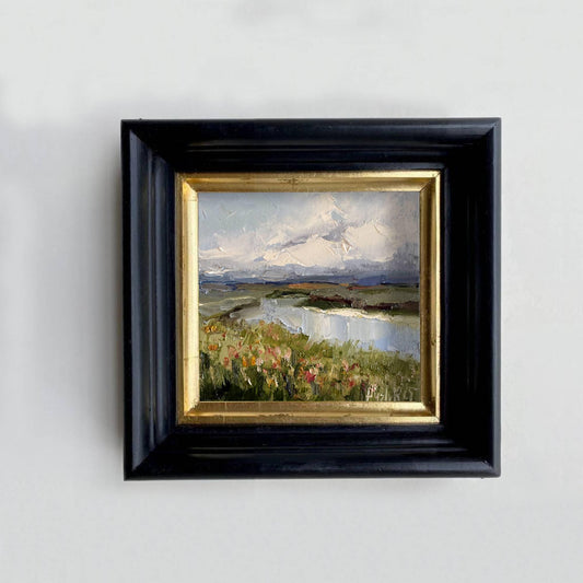 River impressionist mini oil painting on canvas wildflower wall art original moody landscape artwork thunderstorm clouds impasto home decor