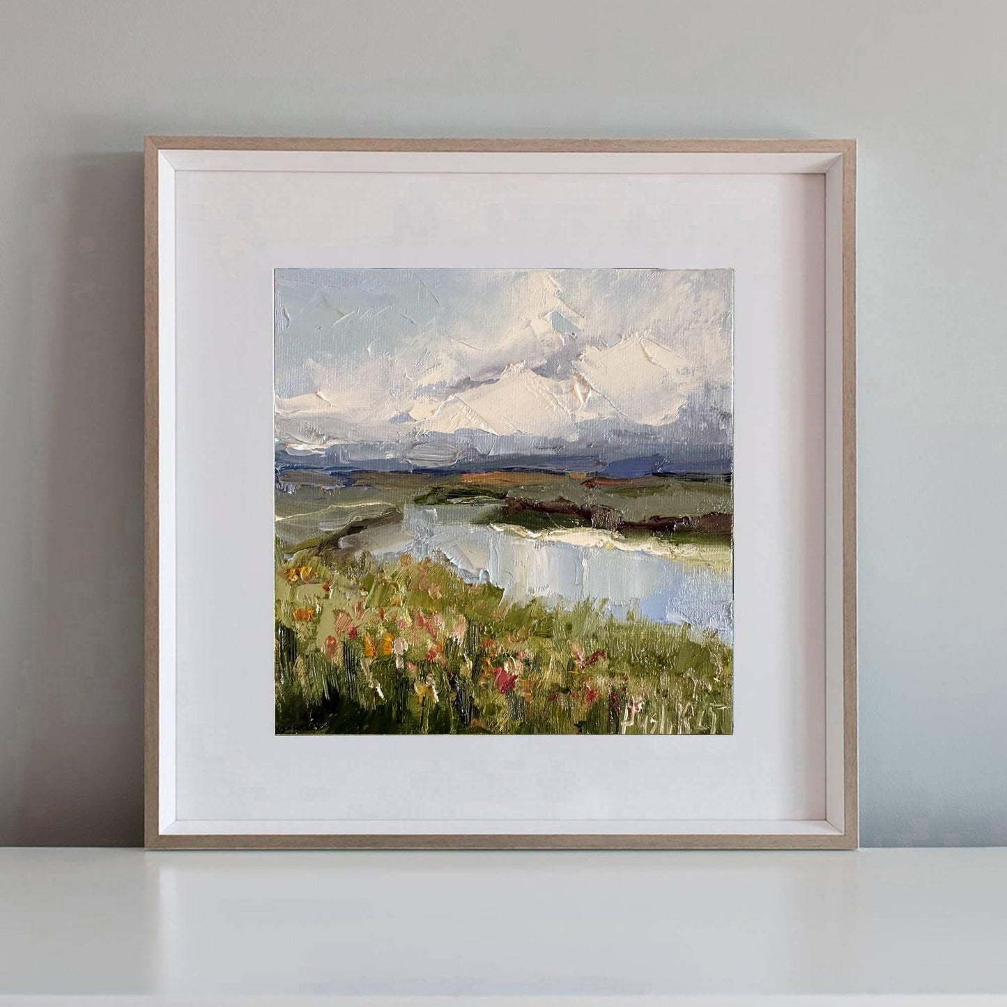 River impressionist mini oil painting on canvas wildflower wall art original moody landscape artwork thunderstorm clouds impasto home decor