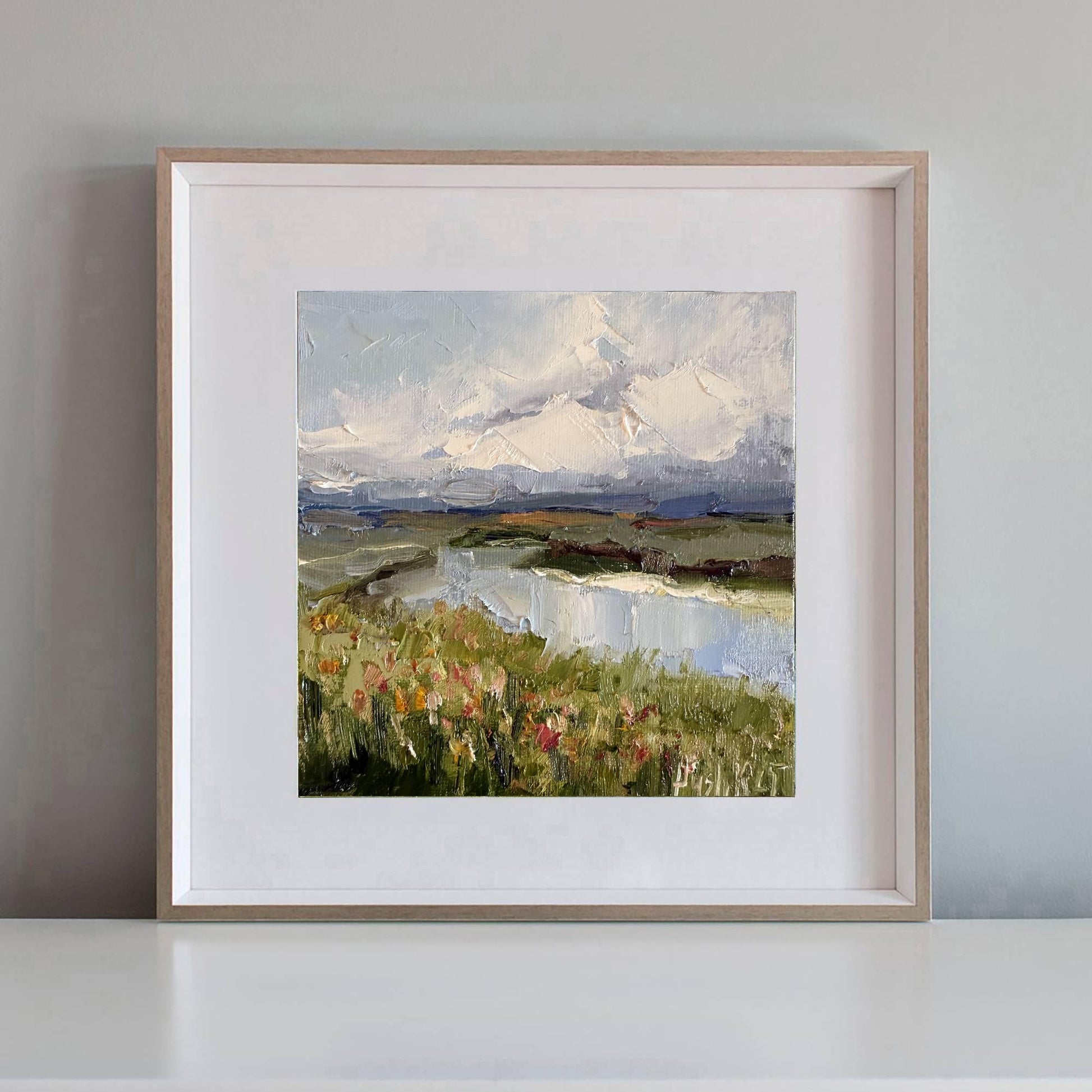 River impressionist mini oil painting on canvas wildflower wall art original moody landscape artwork thunderstorm clouds impasto home decor
