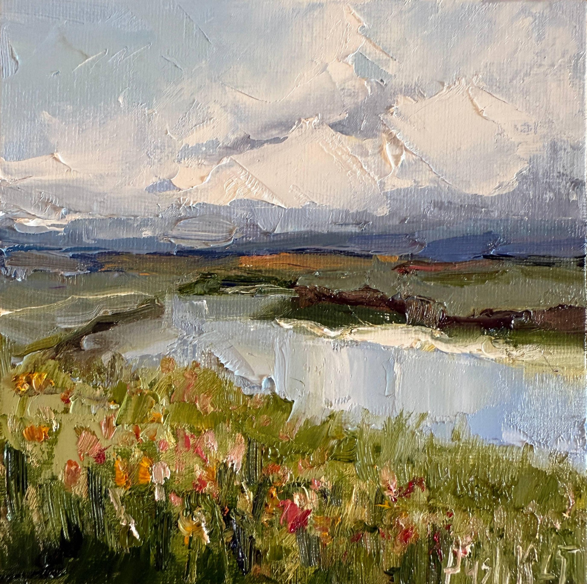 River impressionist mini oil painting on canvas wildflower wall art original moody landscape artwork thunderstorm clouds impasto home decor