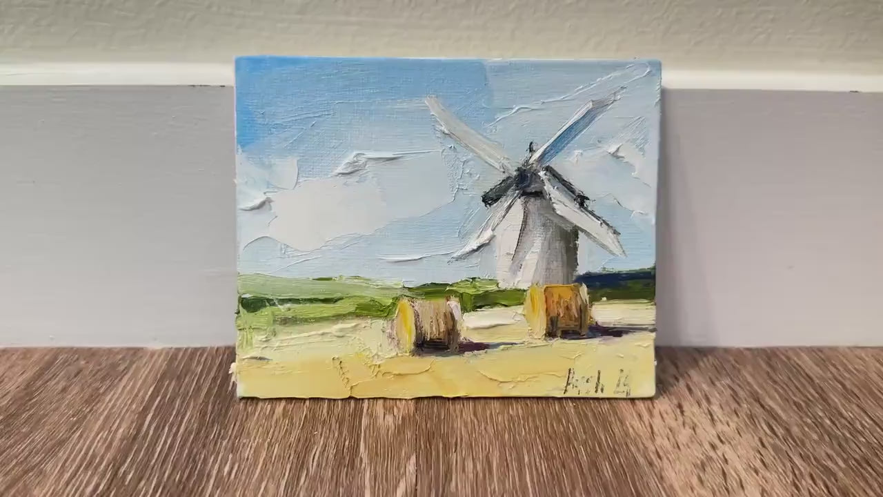 Windmill Oil Painting On Canvas Original Hay Bale Wall Art French Country Art Autumn Landscape Small Canvas Painting Fall Textured Painting