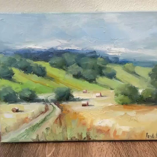 Farm Field Wall Art French Country Canvas Oil Painting Original Autumn Landscape Farmhouse Style Art Hay French Oil Painting Fall Painting