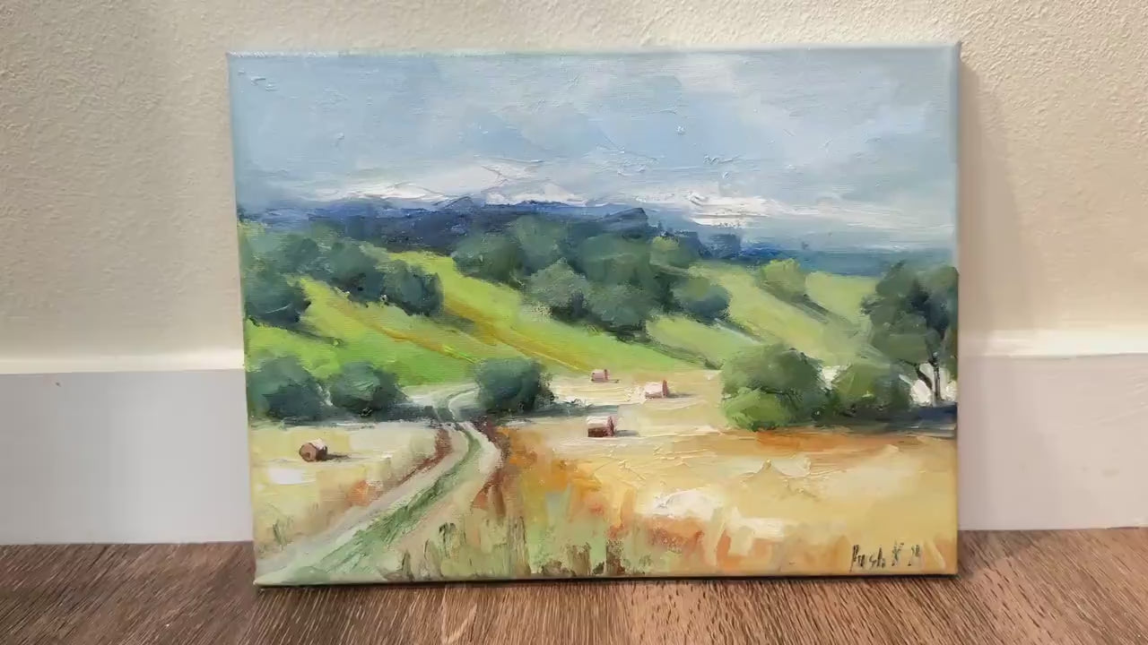 Farm Field Wall Art French Country Canvas Oil Painting Original Autumn Landscape Farmhouse Style Art Hay French Oil Painting Fall Painting
