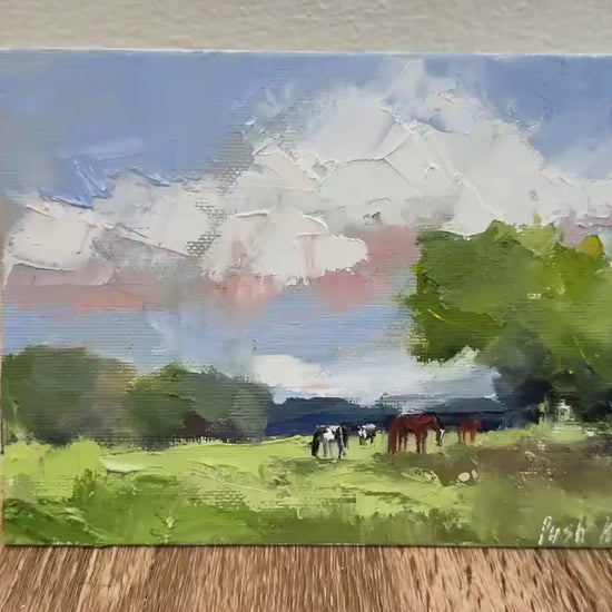 Horses Mini Oil Painting Cows Art Meadow Landscape Painting On Canvas Wildflower Field Art Farmhouse Abstract Fall Artwork Autumn Painting