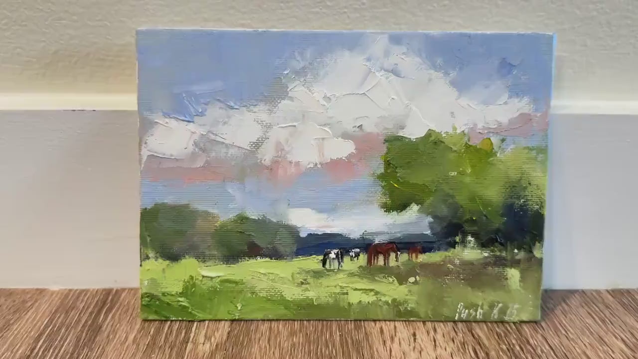 Horses Mini Oil Painting Cows Art Meadow Landscape Painting On Canvas Wildflower Field Art Farmhouse Abstract Fall Artwork Autumn Painting