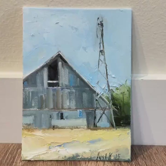 Old barn art small canvas oil painting countryside fall landscape original artwork homemade farm decor Texas farmhouse wall art for gift