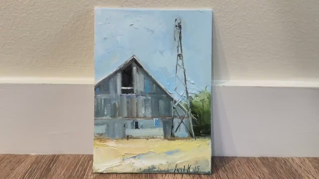 Old barn art small canvas oil painting countryside fall landscape original artwork homemade farm decor Texas farmhouse wall art for gift