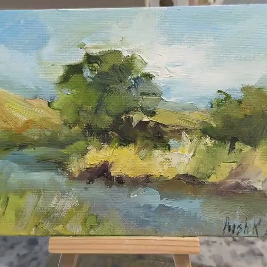 Lake wall art autumn oil painting on canvas original artwork miniature pond and mountain view rustic landscape calming wall art for home
