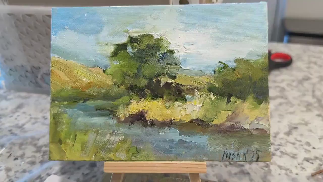 Lake wall art autumn oil painting on canvas original artwork miniature pond and mountain view rustic landscape calming wall art for home