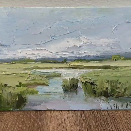 Southern marsh oil painting on canvas low country landscape framed wall art abstract original artwork cloud miniature Impressionist art work