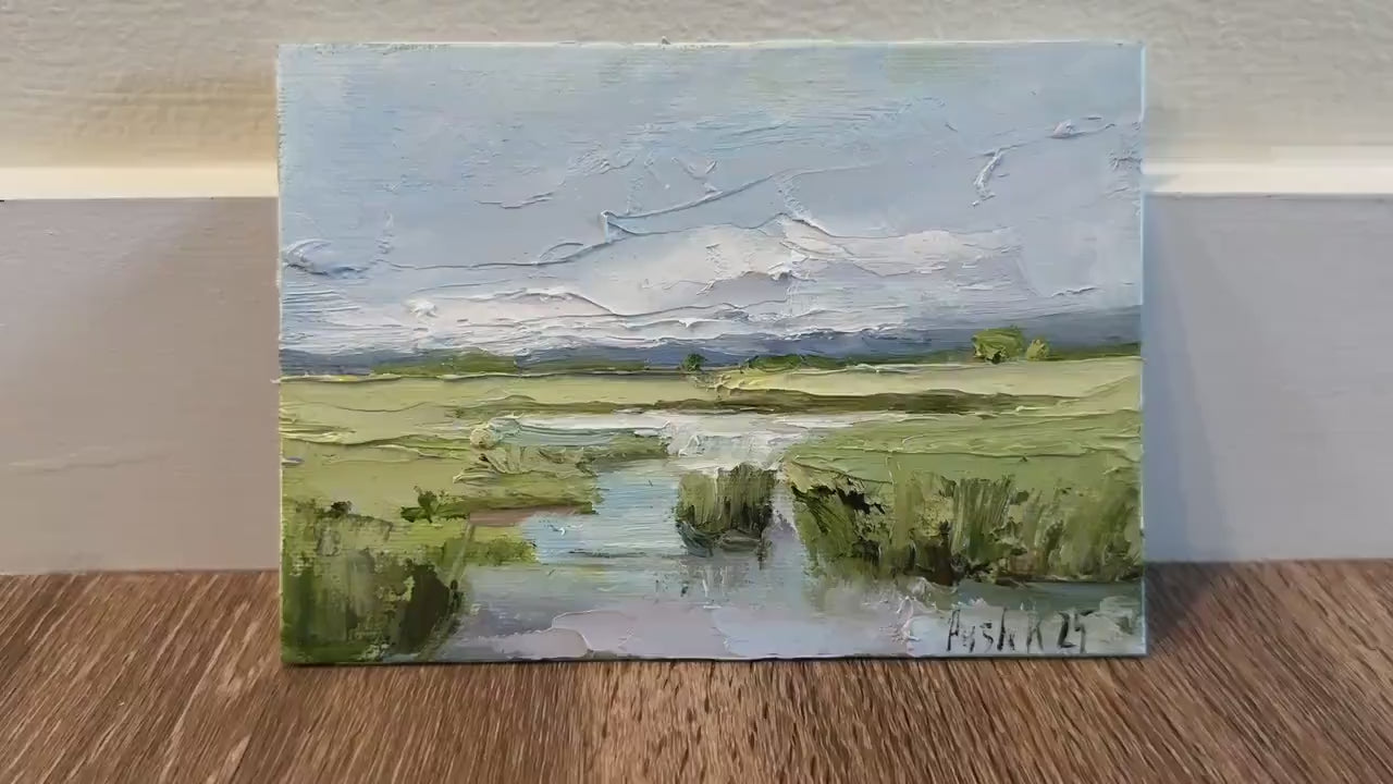 Southern marsh oil painting on canvas low country landscape framed wall art abstract original artwork cloud miniature Impressionist art work