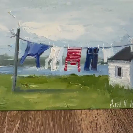 Clothesline Coastal Oil Painting Laundry Room Art Small Format Art Abstract Cute Canvas Painting Nordic Original Landscape Impasto Painting