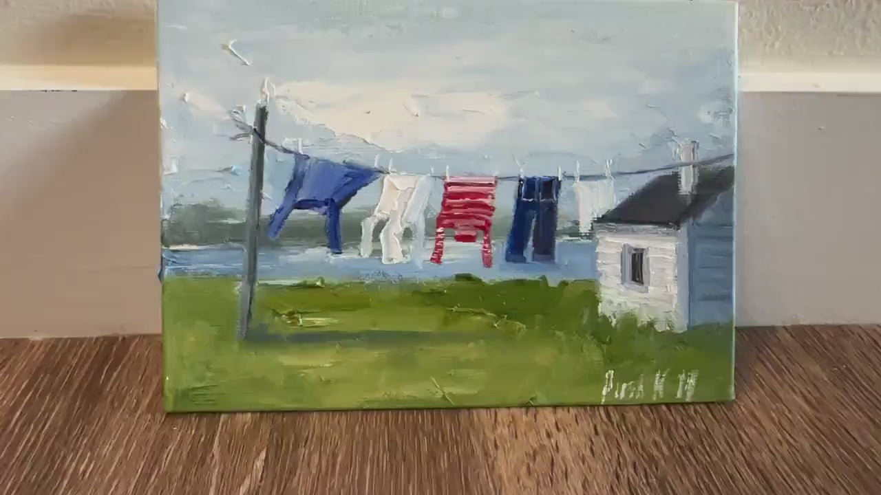 Clothesline Coastal Oil Painting Laundry Room Art Small Format Art Abstract Cute Canvas Painting Nordic Original Landscape Impasto Painting