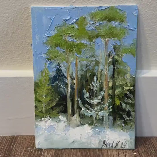 Forest Painting Small Oil Painting On Canvas Pine Tree Winter Landscape Pine Trees Art Framed Winter Wall Art Mini Painting Spruce Artwork