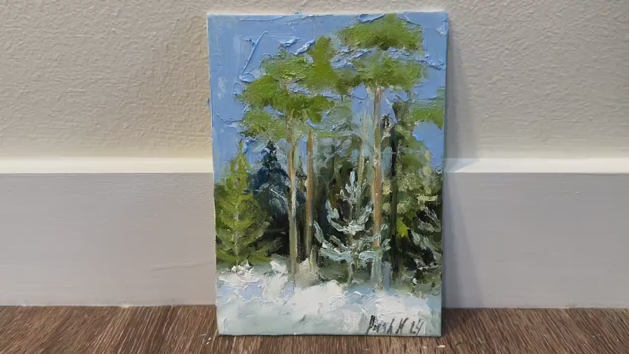 Forest Painting Small Oil Painting On Canvas Pine Tree Winter Landscape Pine Trees Art Framed Winter Wall Art Mini Painting Spruce Artwork