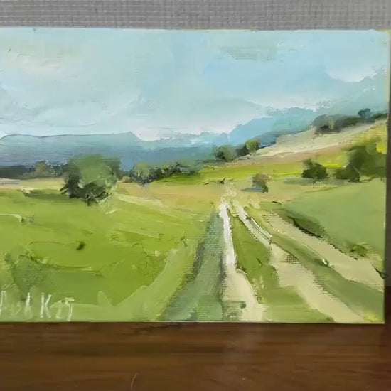 Color Field Art Landscape Oil Painting Canvas Farm House Small Wall Decor Countryside Fall Wallart Country Road Original Miniature Painting