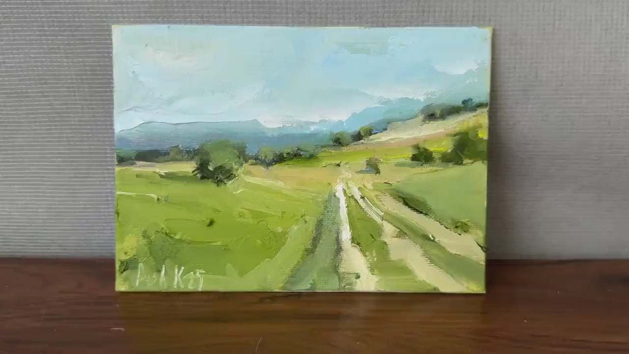 Color Field Art Landscape Oil Painting Canvas Farm House Small Wall Decor Countryside Fall Wallart Country Road Original Miniature Painting
