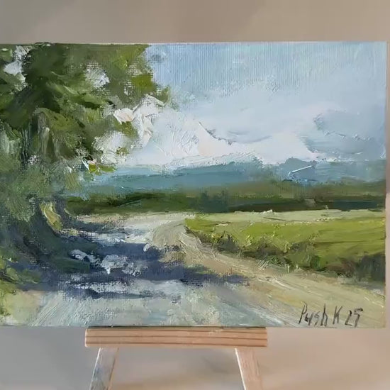 Green Field Miniature Oil Painting Country Road Impressionist Art Countryside Painting On Canvas Landscape Original Artwork Fall Painting