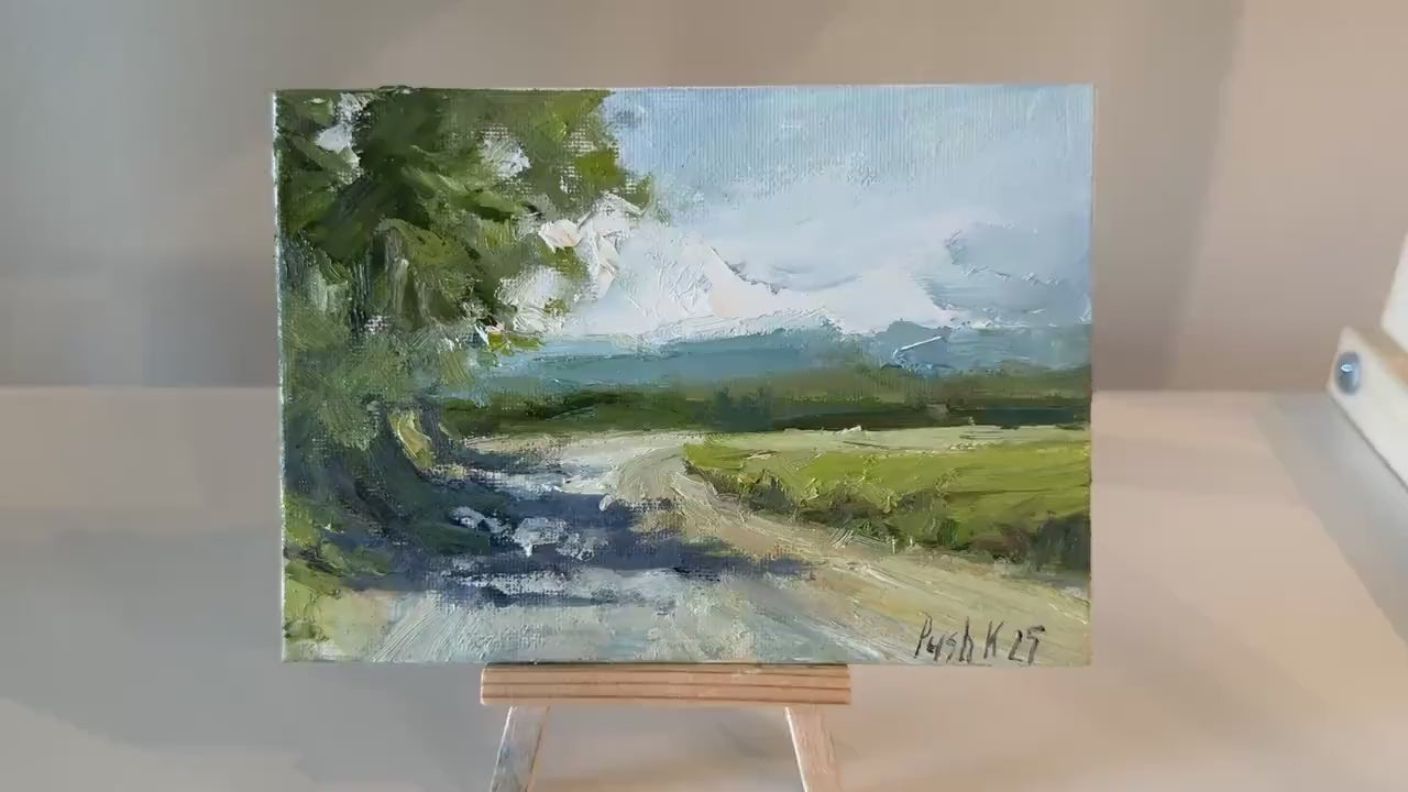 Green Field Miniature Oil Painting Country Road Impressionist Art Countryside Painting On Canvas Landscape Original Artwork Fall Painting