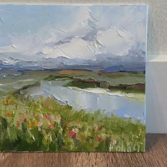 River impressionist mini oil painting on canvas wildflower wall art original moody landscape  artwork thunderstorm clouds impasto home decor
